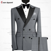 Divatos pezsgős öltönyök férfiaknak karcsúsított, duplasoros vőlegény báli esküvői öltöny szmoking szett szürke férfi blézer nadrággal 2 részes