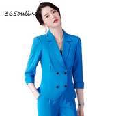 Elegáns kék női öltönyök Interjú Karrier Irodai Munkaruházat Nadrágruhák Tavasz Nyár Fél ujjú Blézerek Nadrágkészlet 5XL
