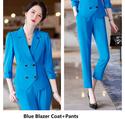 Elegáns kék női öltönyök Interjú Karrier Irodai Munkaruházat Nadrágruhák Tavasz Nyár Fél ujjú Blézerek Nadrágkészlet 5XL