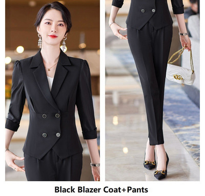 Elegáns kék női öltönyök Interjú Karrier Irodai Munkaruházat Nadrágruhák Tavasz Nyár Fél ujjú Blézerek Nadrágkészlet 5XL