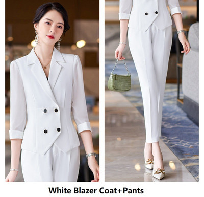 Elegáns kék női öltönyök Interjú Karrier Irodai Munkaruházat Nadrágruhák Tavasz Nyár Fél ujjú Blézerek Nadrágkészlet 5XL