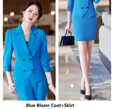 Elegáns kék női öltönyök Interjú Karrier Irodai Munkaruházat Nadrágruhák Tavasz Nyár Fél ujjú Blézerek Nadrágkészlet 5XL
