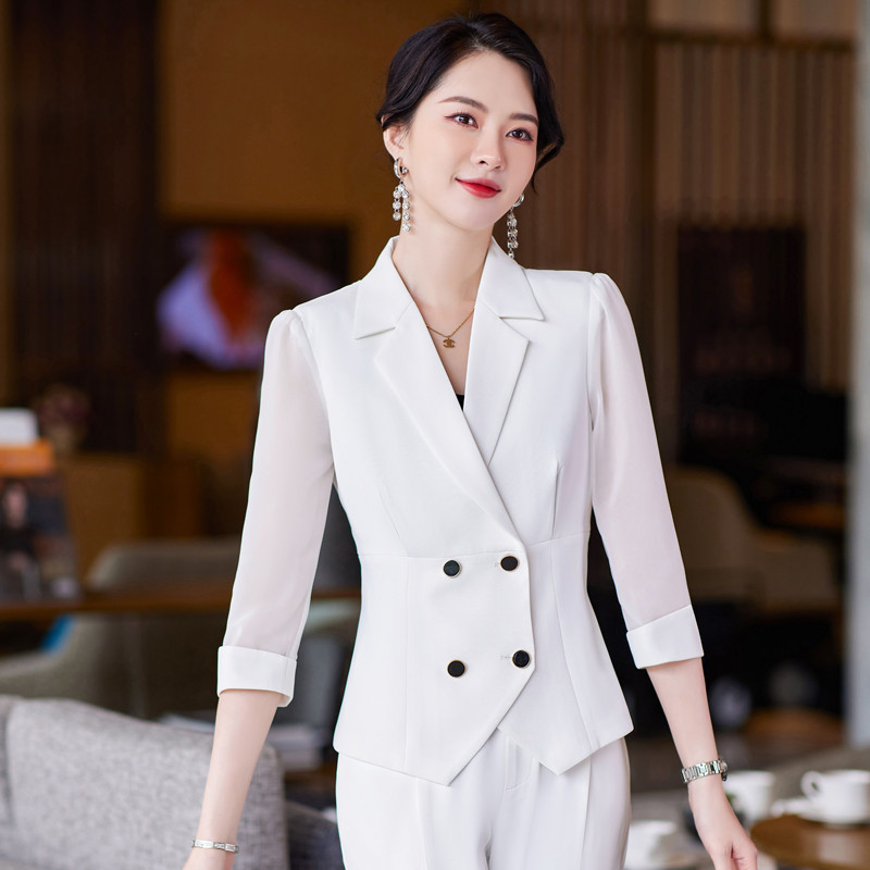 Elegáns kék női öltönyök Interjú Karrier Irodai Munkaruházat Nadrágruhák Tavasz Nyár Fél ujjú Blézerek Nadrágkészlet 5XL