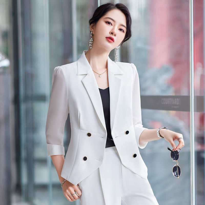 Elegáns kék női öltönyök Interjú Karrier Irodai Munkaruházat Nadrágruhák Tavasz Nyár Fél ujjú Blézerek Nadrágkészlet 5XL