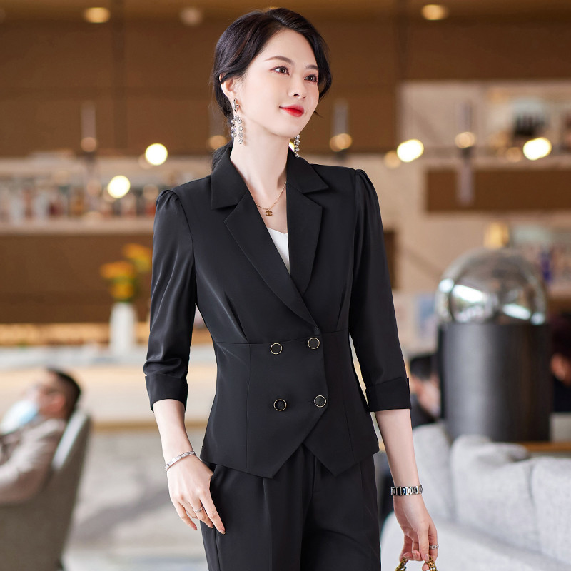 Elegáns kék női öltönyök Interjú Karrier Irodai Munkaruházat Nadrágruhák Tavasz Nyár Fél ujjú Blézerek Nadrágkészlet 5XL