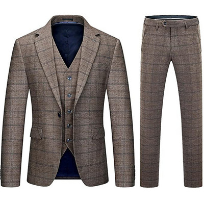 Férfi 3 részes üzleti öltönyök Slim Fit Tweed öltöny Kockás Slim Fit öltönyök esküvői vőlegény viselethez