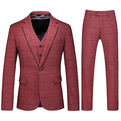 Férfi 3 részes üzleti öltönyök Slim Fit Tweed öltöny Kockás Slim Fit öltönyök esküvői vőlegény viselethez