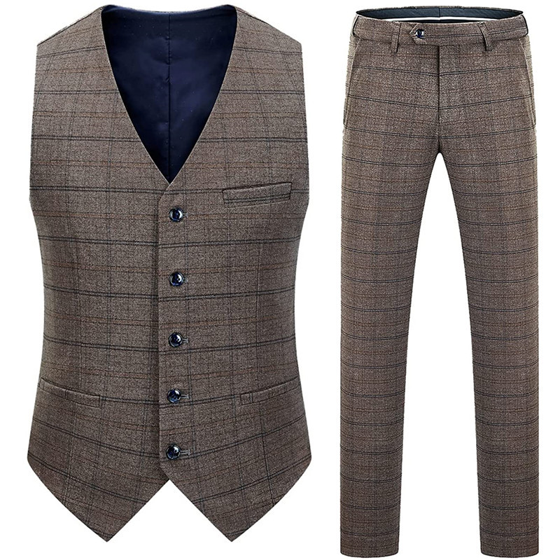 Férfi 3 részes üzleti öltönyök Slim Fit Tweed öltöny Kockás Slim Fit öltönyök esküvői vőlegény viselethez