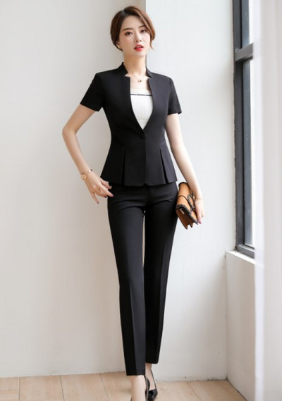 Új divatos nyári ruhák, kétrészes női szett, kiváló minőségű, rövid ujjú blézer és szoknya irodai női öltöny.