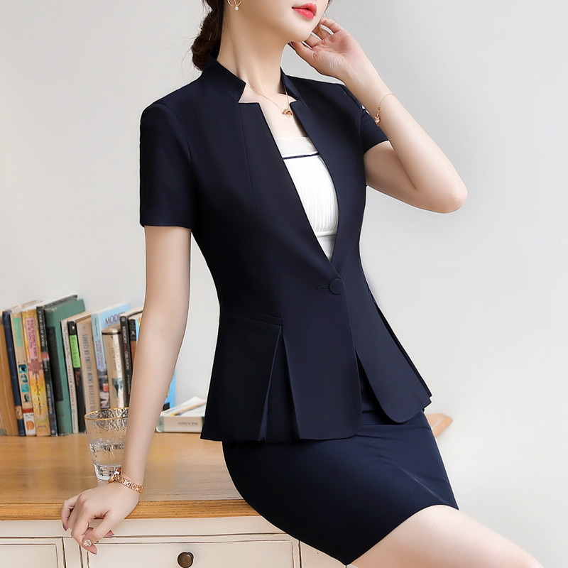 Új divatos nyári ruhák, kétrészes női szett, kiváló minőségű, rövid ujjú blézer és szoknya irodai női öltöny.