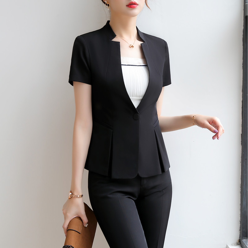 Új divatos nyári ruhák, kétrészes női szett, kiváló minőségű, rövid ujjú blézer és szoknya irodai női öltöny.
