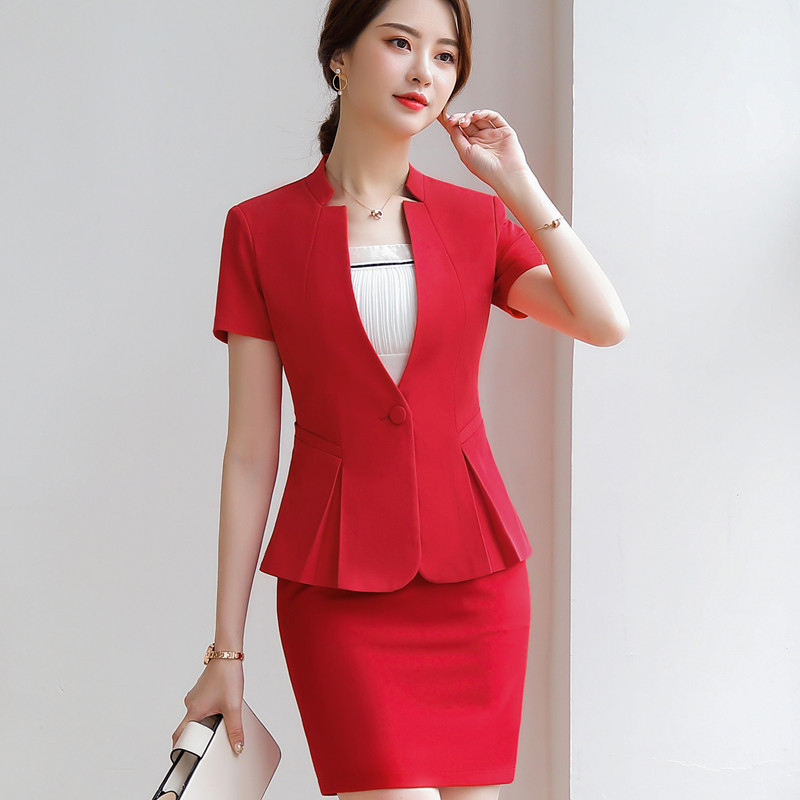 Új divatos nyári ruhák, kétrészes női szett, kiváló minőségű, rövid ujjú blézer és szoknya irodai női öltöny.