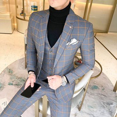 Férfi klasszikus 3 részes férfi öltöny, kockás tweed gyapjú, vékony szabású báli szmoking esküvői vőlegénynek (blézer+mellény+nadrág)