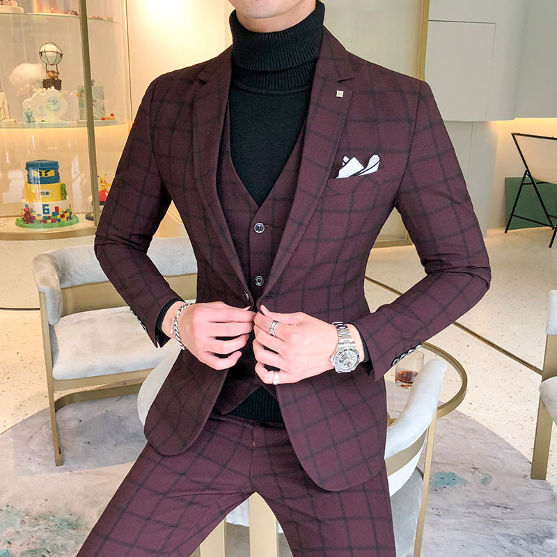 Férfi klasszikus 3 részes férfi öltöny, kockás tweed gyapjú, vékony szabású báli szmoking esküvői vőlegénynek (blézer+mellény+nadrág)