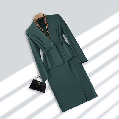 Khaki öltönyök, női, új, 2022. őszi divat temperamentum üzleti karcsú blézer és szoknya irodai női munkaruha fekete sállal