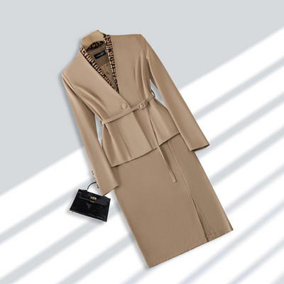Khaki öltönyök, női, új, 2022. őszi divat temperamentum üzleti karcsú blézer és szoknya irodai női munkaruha fekete sállal