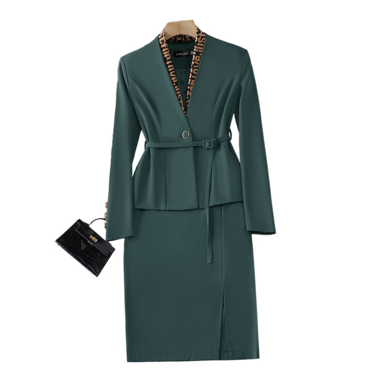 Khaki öltönyök, női, új, 2022. őszi divat temperamentum üzleti karcsú blézer és szoknya irodai női munkaruha fekete sállal