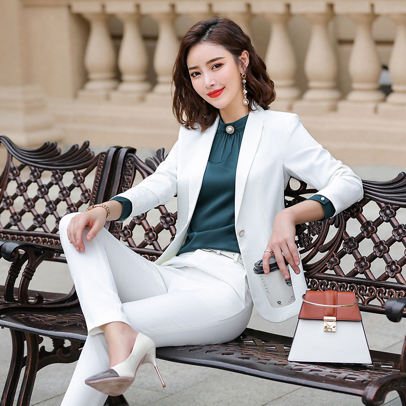 Kiváló minőségű női üzleti fehér öltöny szett őszi, alkalmi, hosszú ujjú, egygombos blézer női nadrágkosztüm Irodai dzseki S-4XL