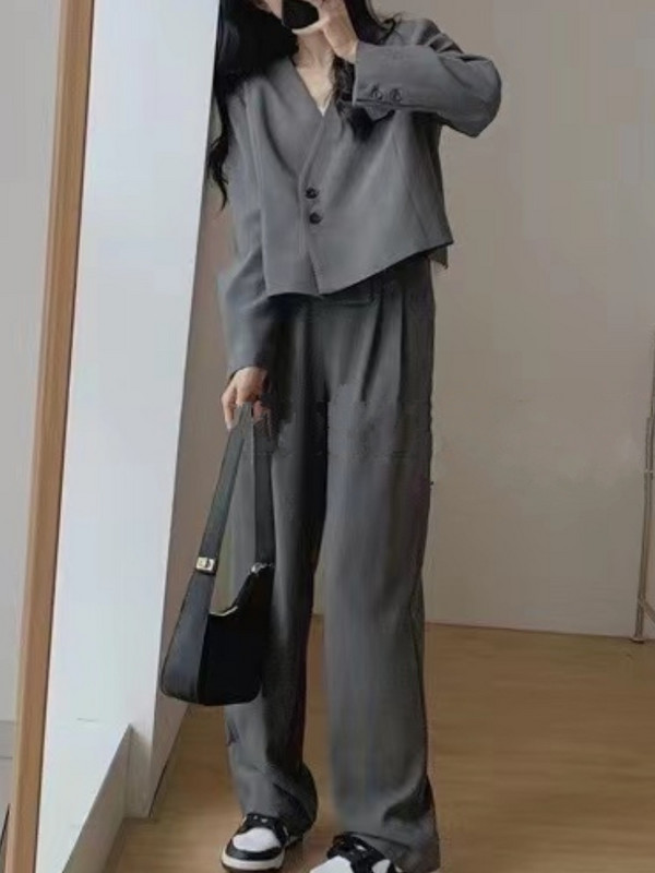 Femei de vară elegante ocazional Blazer costum pantalon Jachete cu mânecă lungă pantaloni largi Set două piese haine la modă pentru femei ținute