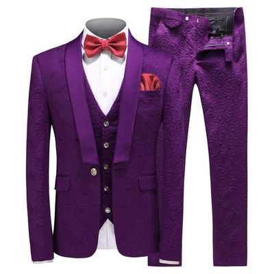 Costume bărbați fildeș 2019 trei piese jacquard smoking de mire șal rever costum bărbați costum de scenă de nuntă dușman (blazer + vestă + pantaloni)