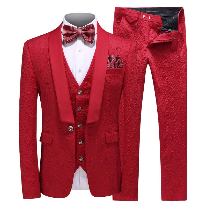 Costume bărbați fildeș 2019 trei piese jacquard smoking de mire șal rever costum bărbați costum de scenă de nuntă dușman (blazer + vestă + pantaloni)