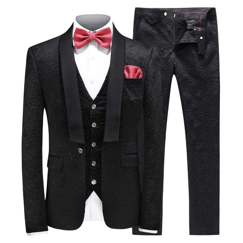 Costume bărbați fildeș 2019 trei piese jacquard smoking de mire șal rever costum bărbați costum de scenă de nuntă dușman (blazer + vestă + pantaloni)