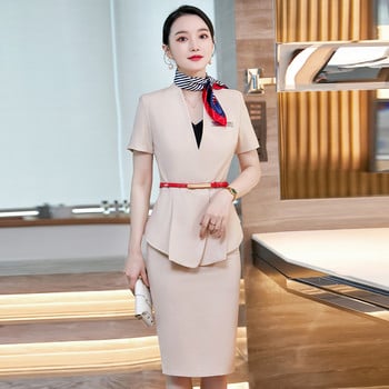 Професионални костюми Дамска мода Темперамент Бизнес Официално висококачествено сако с къс ръкав и пола Офис дамско работно облекло