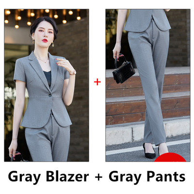 Costume gri cu mânecă scurtă pentru femei, vară, subțire, temperament înalt, modă, blazer și fustă subțiri, îmbrăcăminte de birou pentru doamne