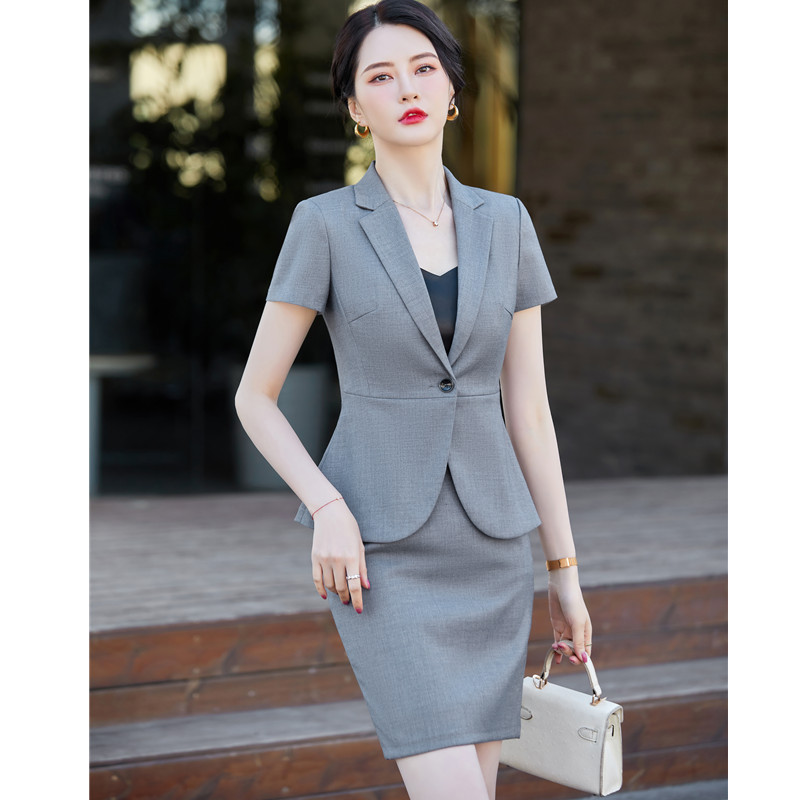 Costume gri cu mânecă scurtă pentru femei, vară, subțire, temperament înalt, modă, blazer și fustă subțiri, îmbrăcăminte de birou pentru doamne