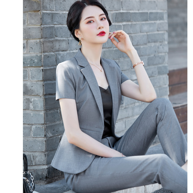 Costume gri cu mânecă scurtă pentru femei, vară, subțire, temperament înalt, modă, blazer și fustă subțiri, îmbrăcăminte de birou pentru doamne