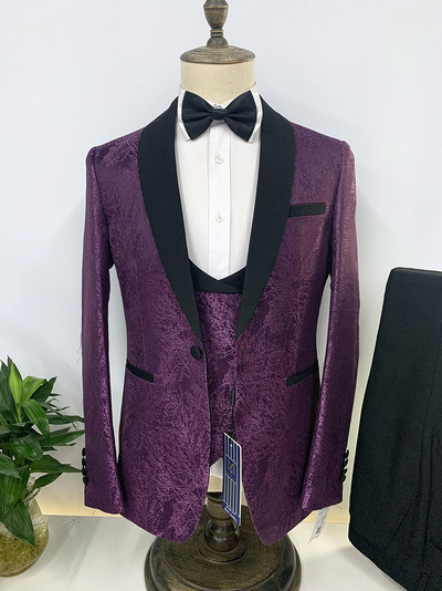 Costum bărbătesc din trei piese Jachetă cu șal cu imprimeu jacquard pentru bărbați Costume de nuntă slim fit (Blazer+vestă+pantaloni)