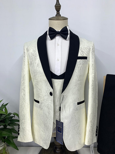 Costum bărbătesc din trei piese Jachetă cu șal cu imprimeu jacquard pentru bărbați Costume de nuntă slim fit (Blazer+vestă+pantaloni)