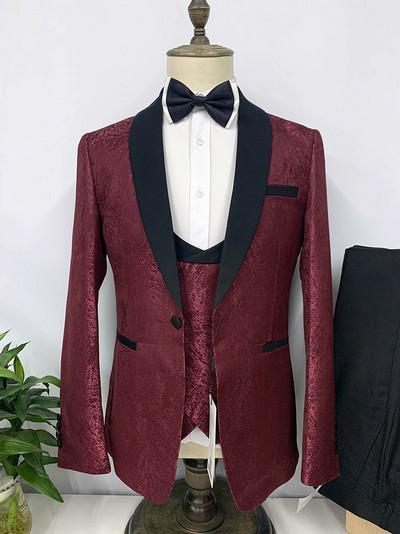 Costum bărbătesc din trei piese Jachetă cu șal cu imprimeu jacquard pentru bărbați Costume de nuntă slim fit (Blazer+vestă+pantaloni)