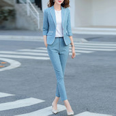 Femei coreeană de vară în dungi, elegantă, cu jumătate de mânecă, blazer mic, scurt, jachetă subțire și pantaloni creion, ocazional, pentru birou, set de 2 piese