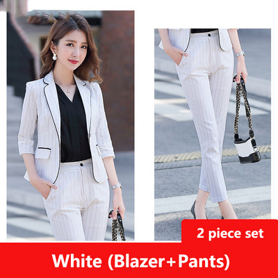 Femei coreeană de vară în dungi, elegantă, cu jumătate de mânecă, blazer mic, scurt, jachetă subțire și pantaloni creion, ocazional, pentru birou, set de 2 piese