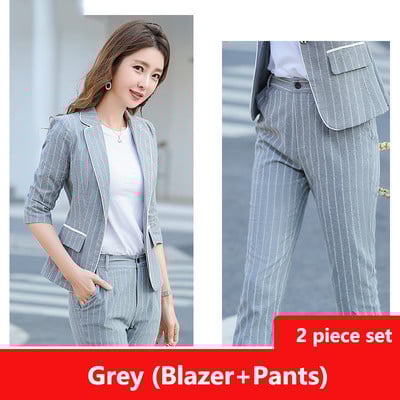 Femei coreeană de vară în dungi, elegantă, cu jumătate de mânecă, blazer mic, scurt, jachetă subțire și pantaloni creion, ocazional, pentru birou, set de 2 piese