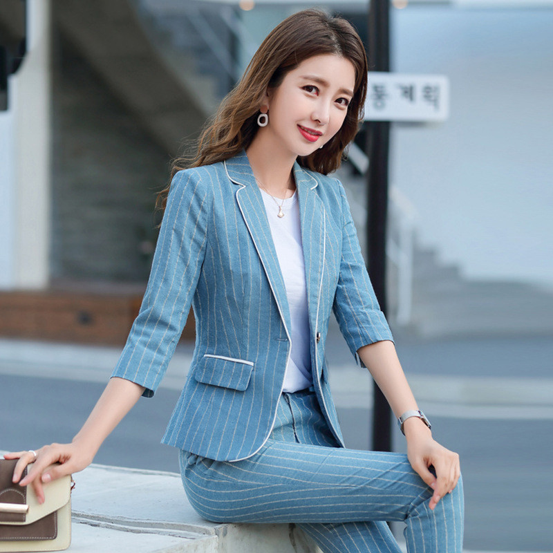 Femei coreeană de vară în dungi, elegantă, cu jumătate de mânecă, blazer mic, scurt, jachetă subțire și pantaloni creion, ocazional, pentru birou, set de 2 piese