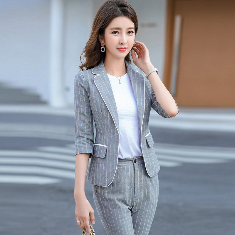 Femei coreeană de vară în dungi, elegantă, cu jumătate de mânecă, blazer mic, scurt, jachetă subțire și pantaloni creion, ocazional, pentru birou, set de 2 piese