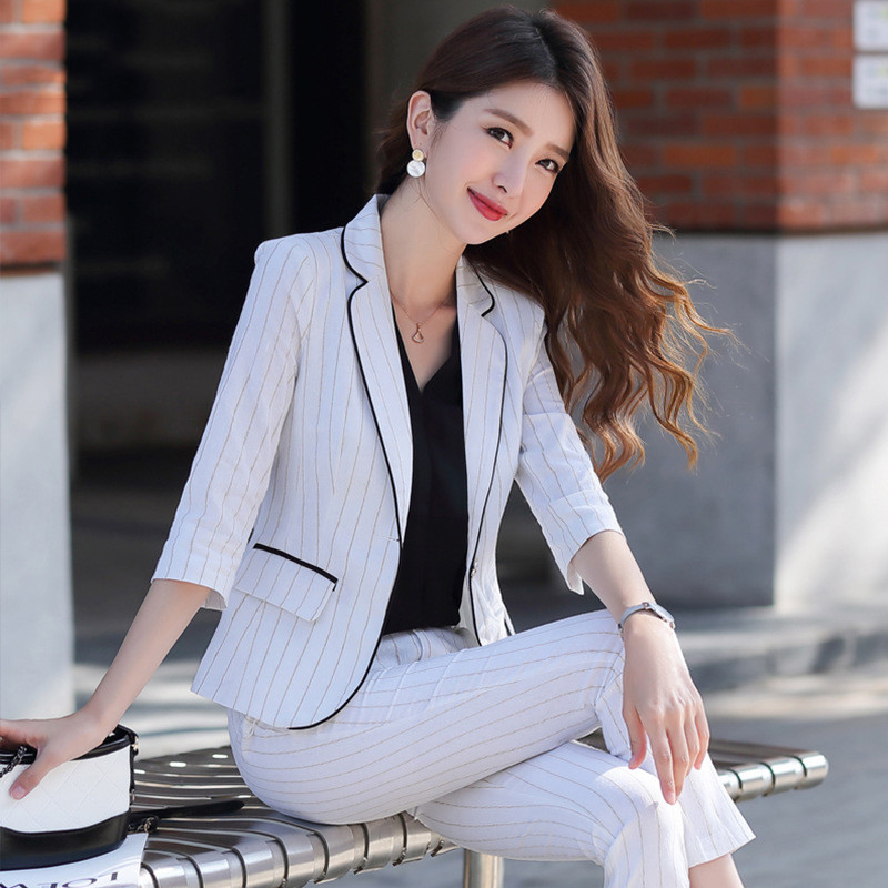 Femei coreeană de vară în dungi, elegantă, cu jumătate de mânecă, blazer mic, scurt, jachetă subțire și pantaloni creion, ocazional, pentru birou, set de 2 piese