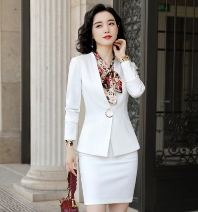 Costum profesional pentru femei Conjuntos De Fald Toamnă Iarnă Moda Negru Alb Blazer cu mânecă lungă și fustă Îmbrăcăminte de lucru pentru doamne de birou