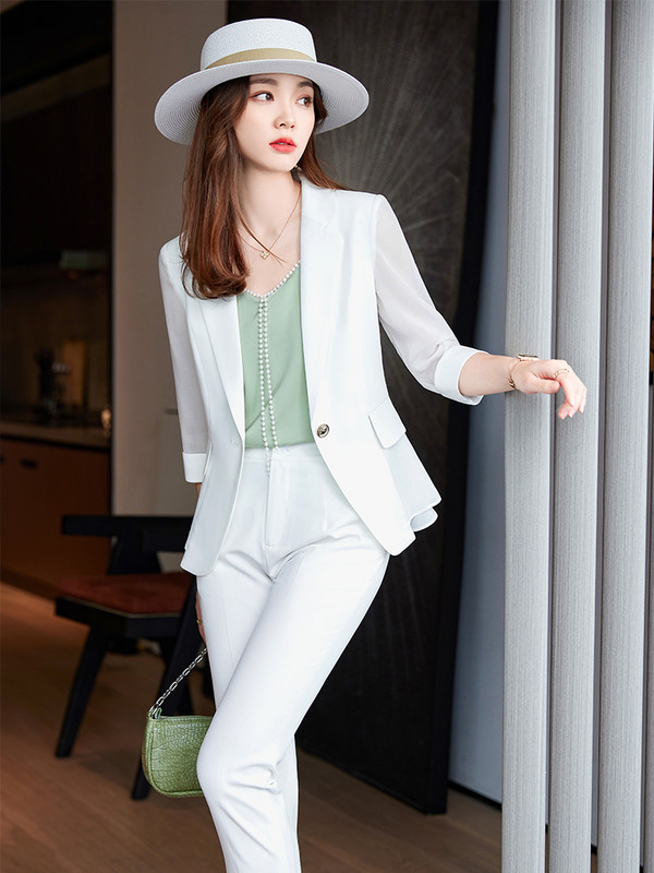 Albastru, alb, negru, slim business, costum pantaloni, femei, birou, doamne, imbracaminte de lucru, set 2 piese, blazer formal, jacheta si pantaloni