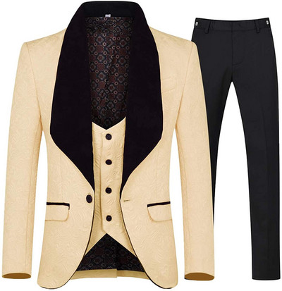 2020, 3 bucăți, costume pentru bărbați jacquard, smoking, rever, șal, pentru nuntă (jachetă + vestă + pantaloni)