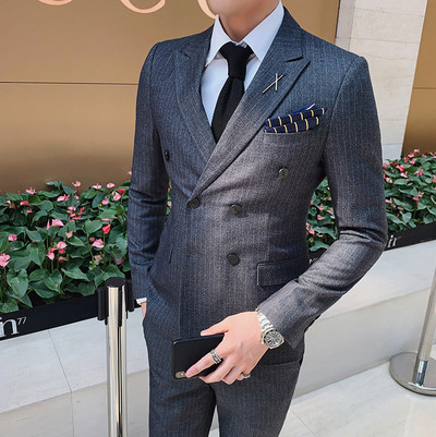 7XL (Blazer + Vestă + Pantaloni) Costum de afaceri formal pentru bărbați de marcă Set din trei piese Rochie de petrecere de nuntă pentru mire În carouri de culoare solidă