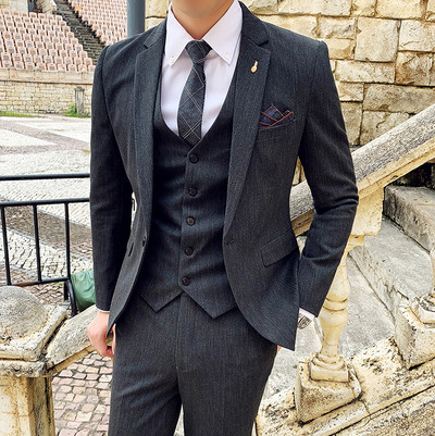 7XL (Blazer + Vestă + Pantaloni) Costum de afaceri formal pentru bărbați de marcă Set din trei piese Rochie de petrecere de nuntă pentru mire În carouri de culoare solidă