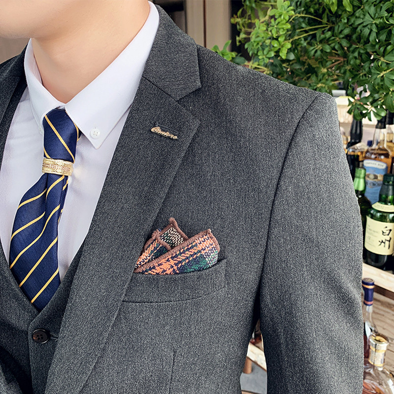 7XL (Blazer + Vestă + Pantaloni) Costum de afaceri formal pentru bărbați de marcă Set din trei piese Rochie de petrecere de nuntă pentru mire În carouri de culoare solidă