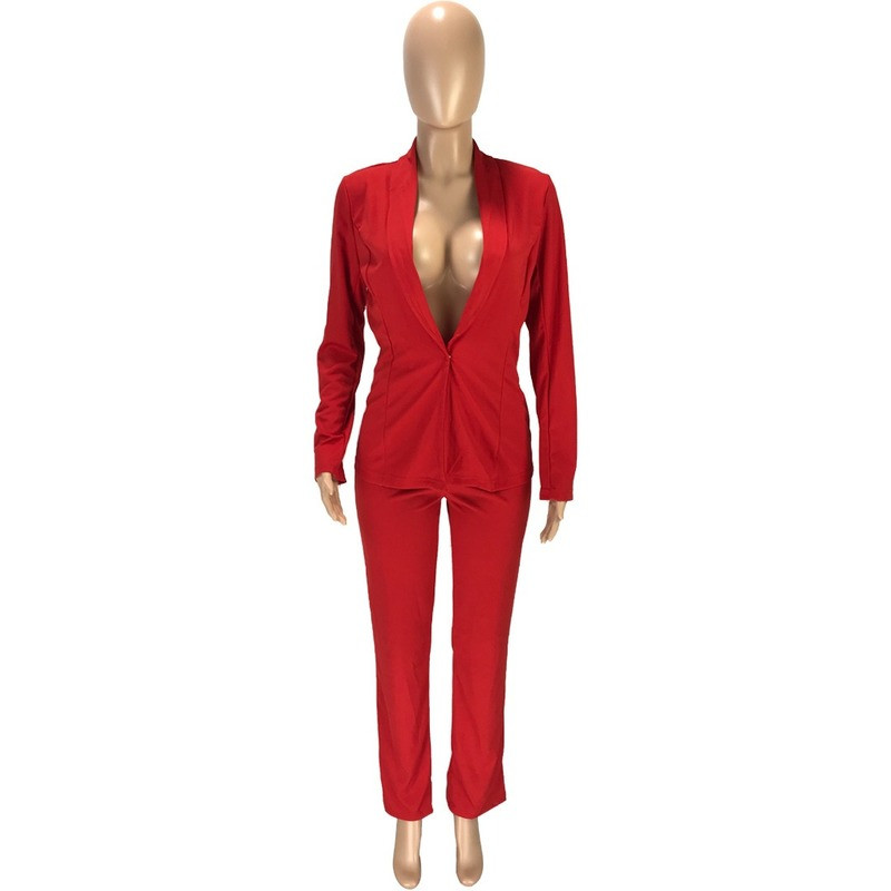 Set de două piese Blazer în culori uni Costum pantalon pentru femei cu decolteu în V Set de blazer de birou ocazional, simplu, complet, îmbrăcăminte pentru navetă
