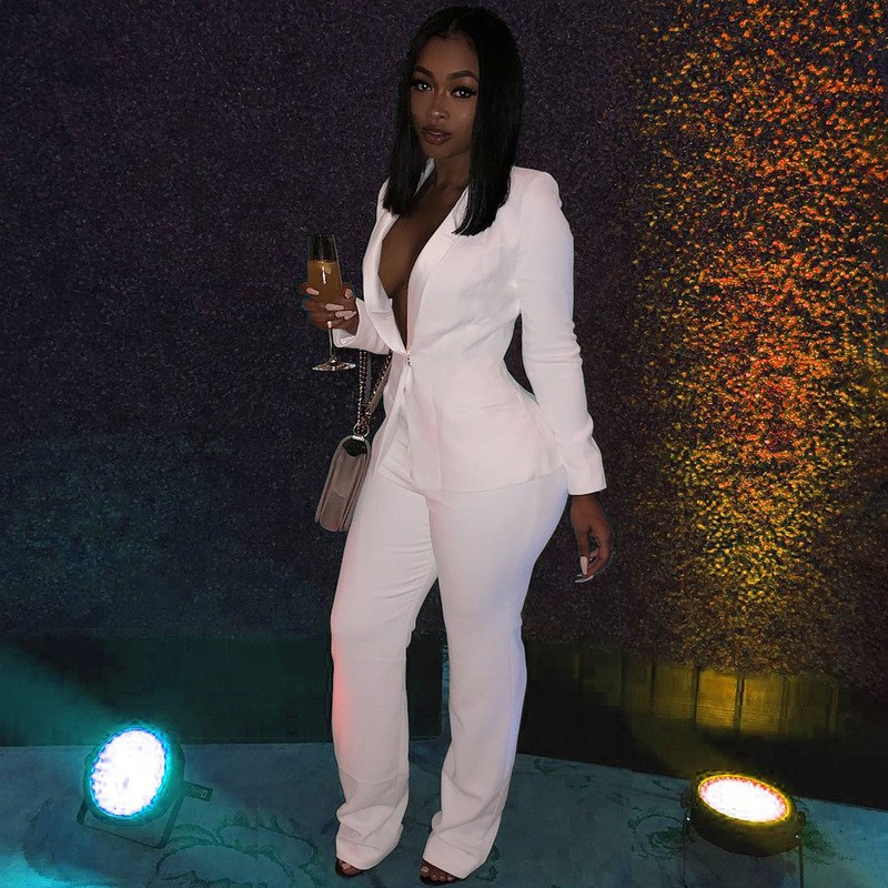 Set de două piese Blazer în culori uni Costum pantalon pentru femei cu decolteu în V Set de blazer de birou ocazional, simplu, complet, îmbrăcăminte pentru navetă