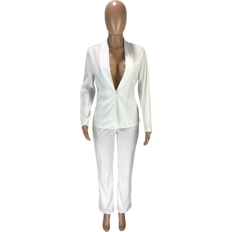 Set de două piese Blazer în culori uni Costum pantalon pentru femei cu decolteu în V Set de blazer de birou ocazional, simplu, complet, îmbrăcăminte pentru navetă