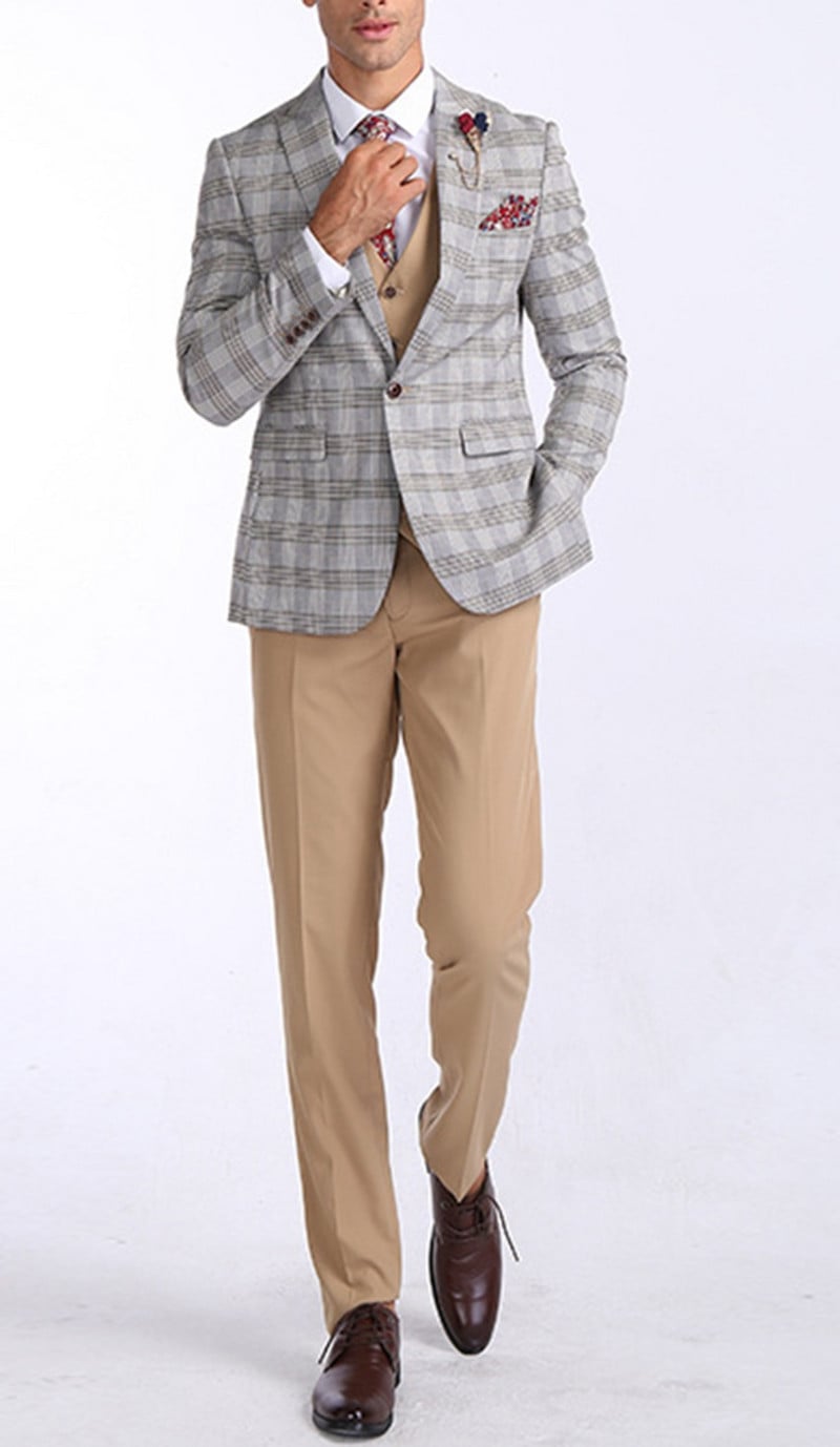 2022, la modă, pentru bărbați, 3 bucăți, în carouri, costum formal de afaceri cu rever, smoking în stil britanic pentru nuntă (Blazer + vestă + pantaloni)