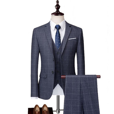 Costum bărbătesc în carouri 3 bucăți smoking din lână tweed Blazer Costume de onoare formale (Blazer+Vest+Pantaloni)